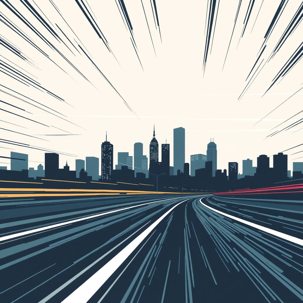 Abstract manga style background with speed lines and city silhouette